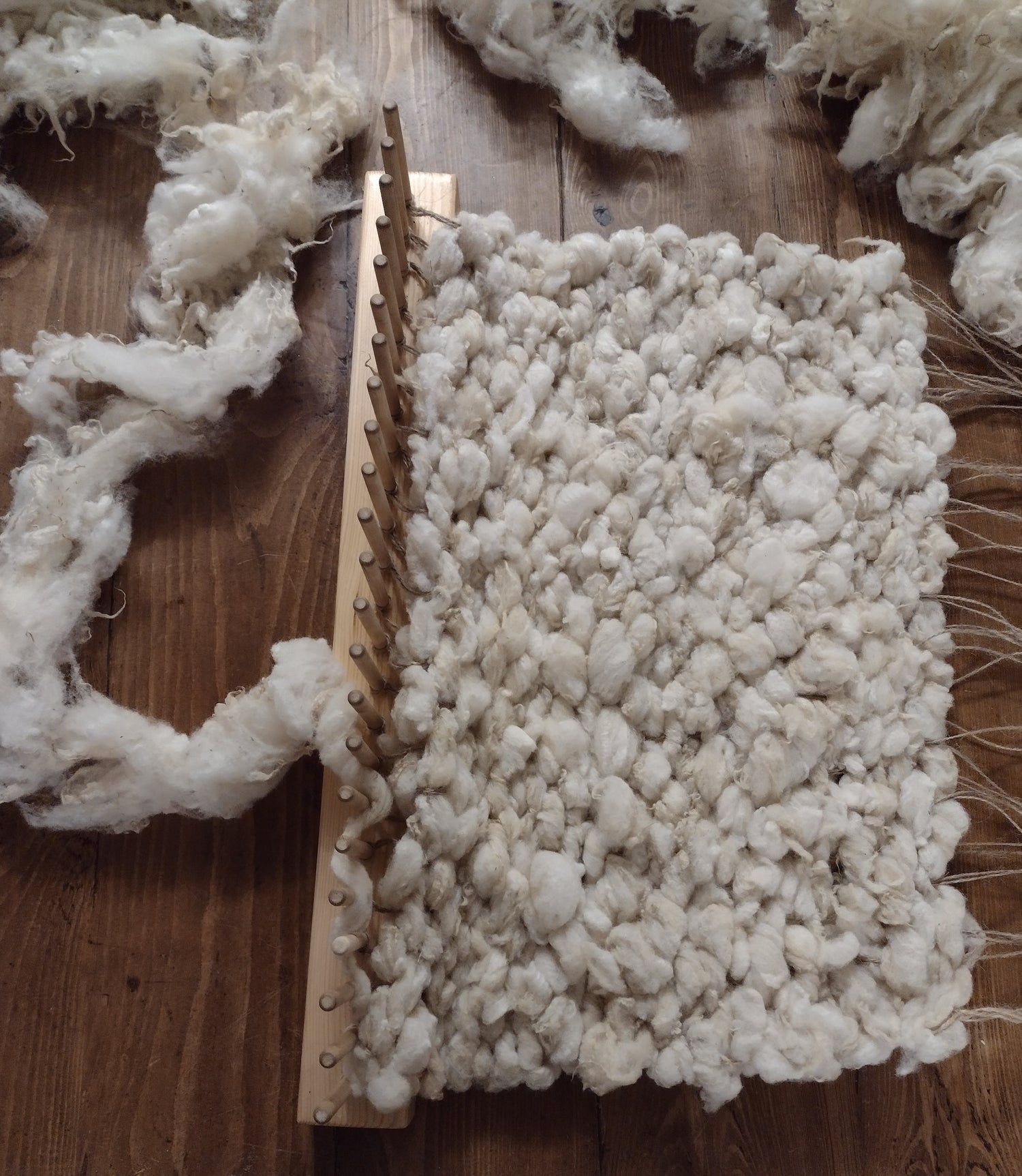 Whitefaced Woodland sheep wool fleece, handmade wool products, peg loom weaving