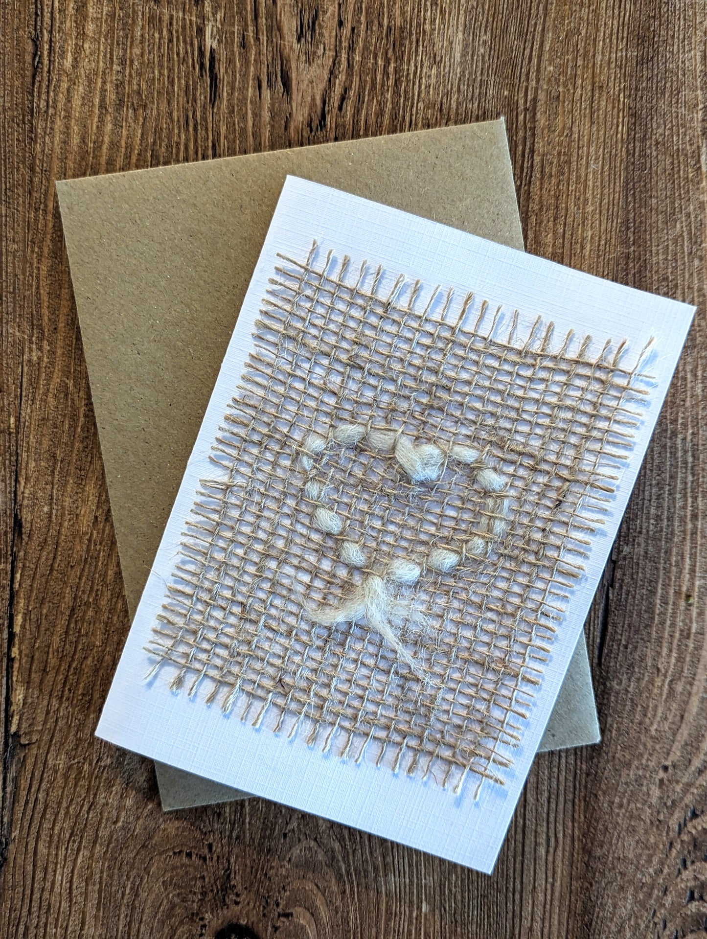 Handmade wool heart birthday, thank you card or valentines day card greetings card. Woolly sheep with Whitefaced Woodland fleece. Handmade in Yorkshire.