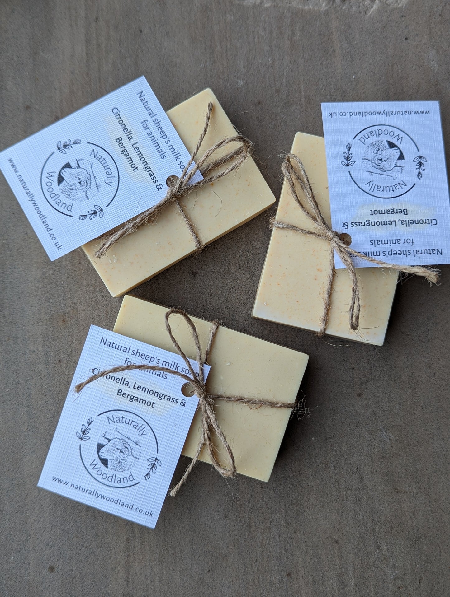 Naturally Woodland Natural dog soap with sheep milk, citronella, lemongrass and bergamot. Handmade in Yorkshire