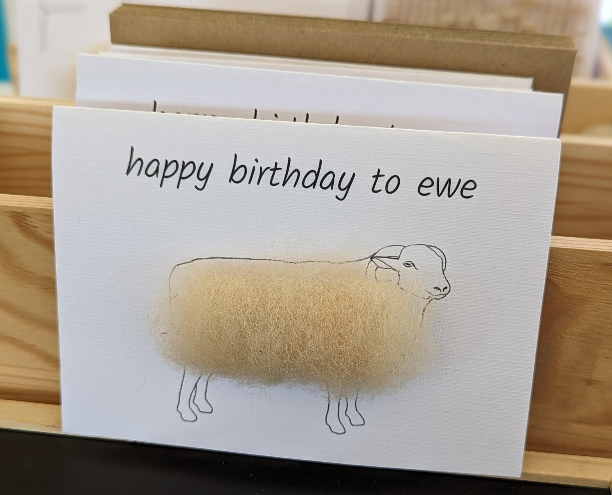 Natural wool products. Handmade happy birthday greetings card. Woolly sheep with Whitefaced Woodland wool. Handmade in Yorkshire.