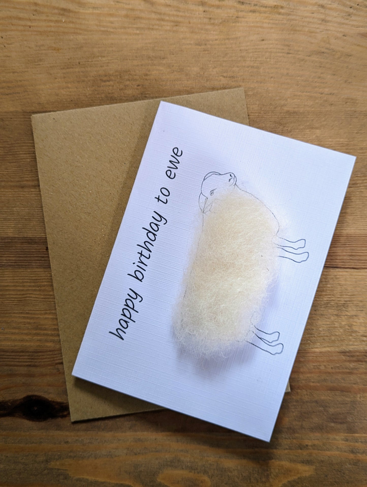 Handmade happy birthday greetings card. Fleecy sheep with Whitefaced Woodland wool.