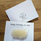 Handmade happy birthday greetings card. Woolly sheep with Whitefaced Woodland fleece. Handmade in Yorkshire.